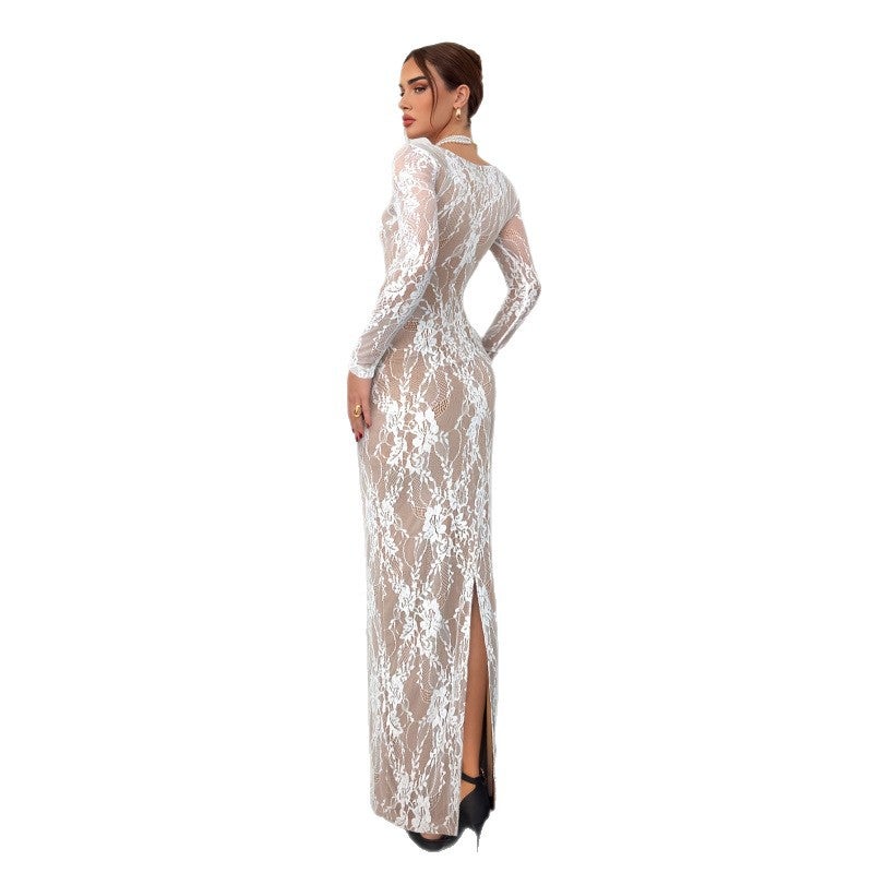 Elegant Square Neck Lace Splicing Slim Dress 2025 Style Fashionable One-Step Skirt - Image 5